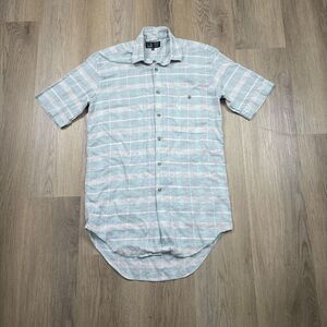 Dunhill Shirt Mens Small Green Pink Blue Plaid Linen Short Sleeve Made England